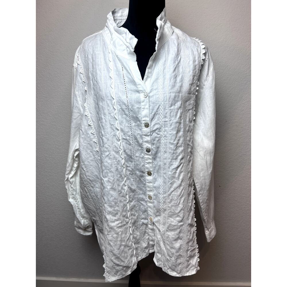 John Mark 100% Linen Embroidered Button Up Blouse 3X
